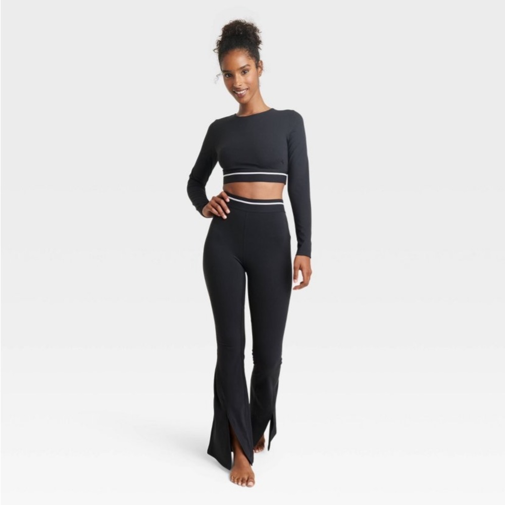 High-Rise Split Flare High Rise Leggings Striped Waistband Joy Lab Black NWT - Picture 4 of 8